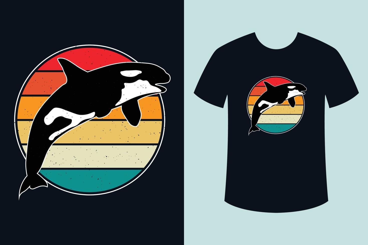 diseño de camiseta con ilustración de orca al atardecer retro vintage vector