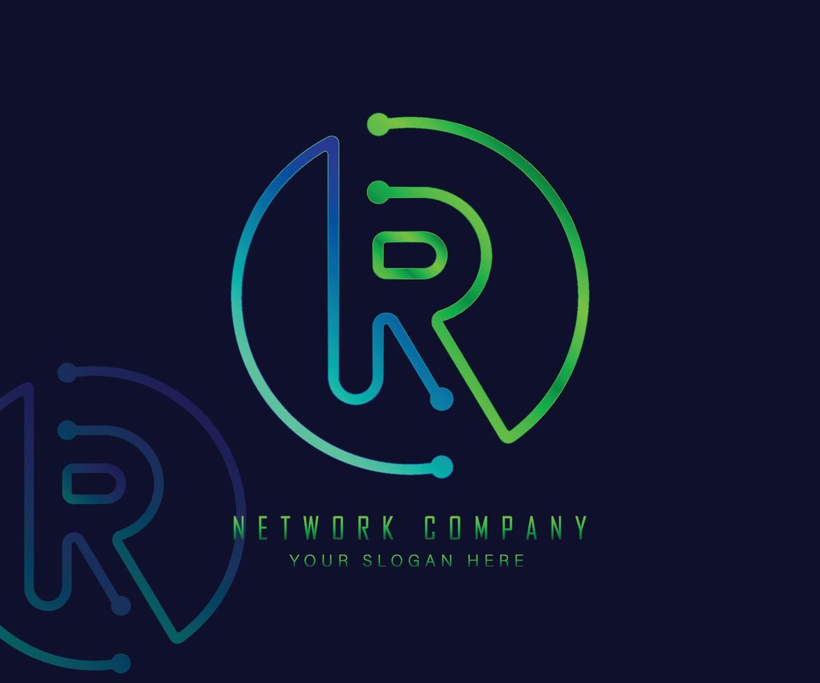 Letter R in circle with network, technology and connection dot concept vector