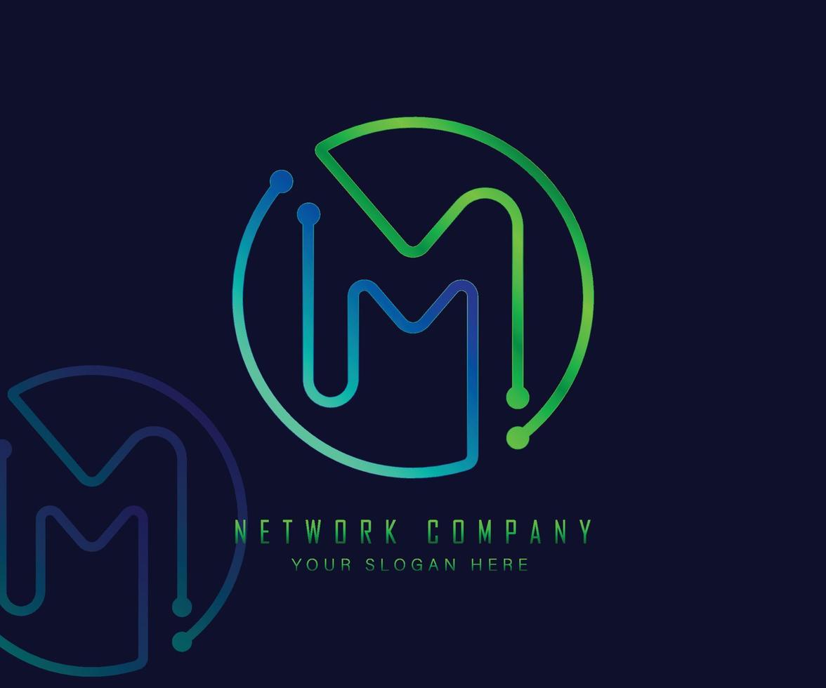 Letter M in circle with network, technology and connection dot concept vector