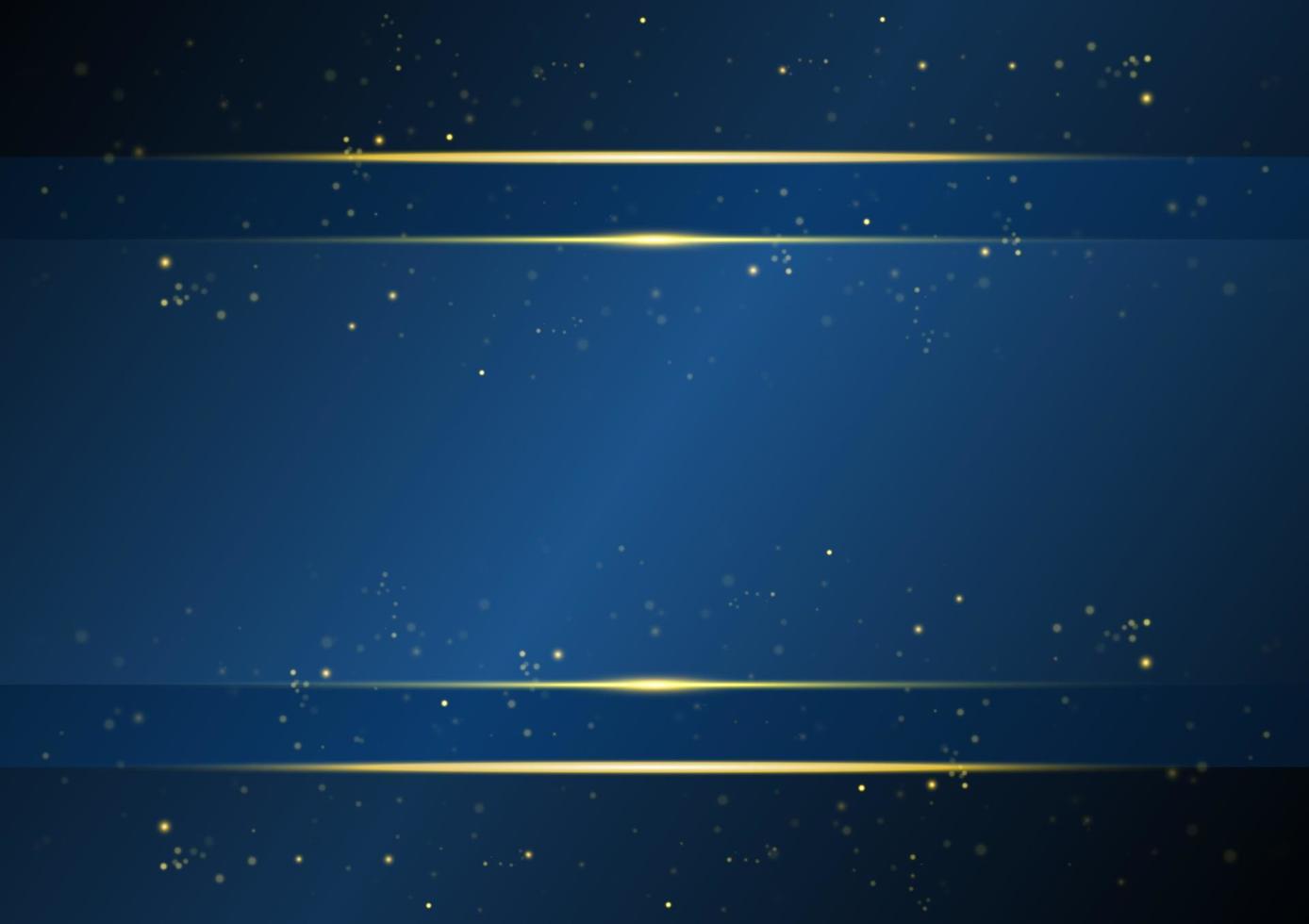 Elegant blue rectangular frame with text space and gold glitter with shiny gold lines on dark blue background vector