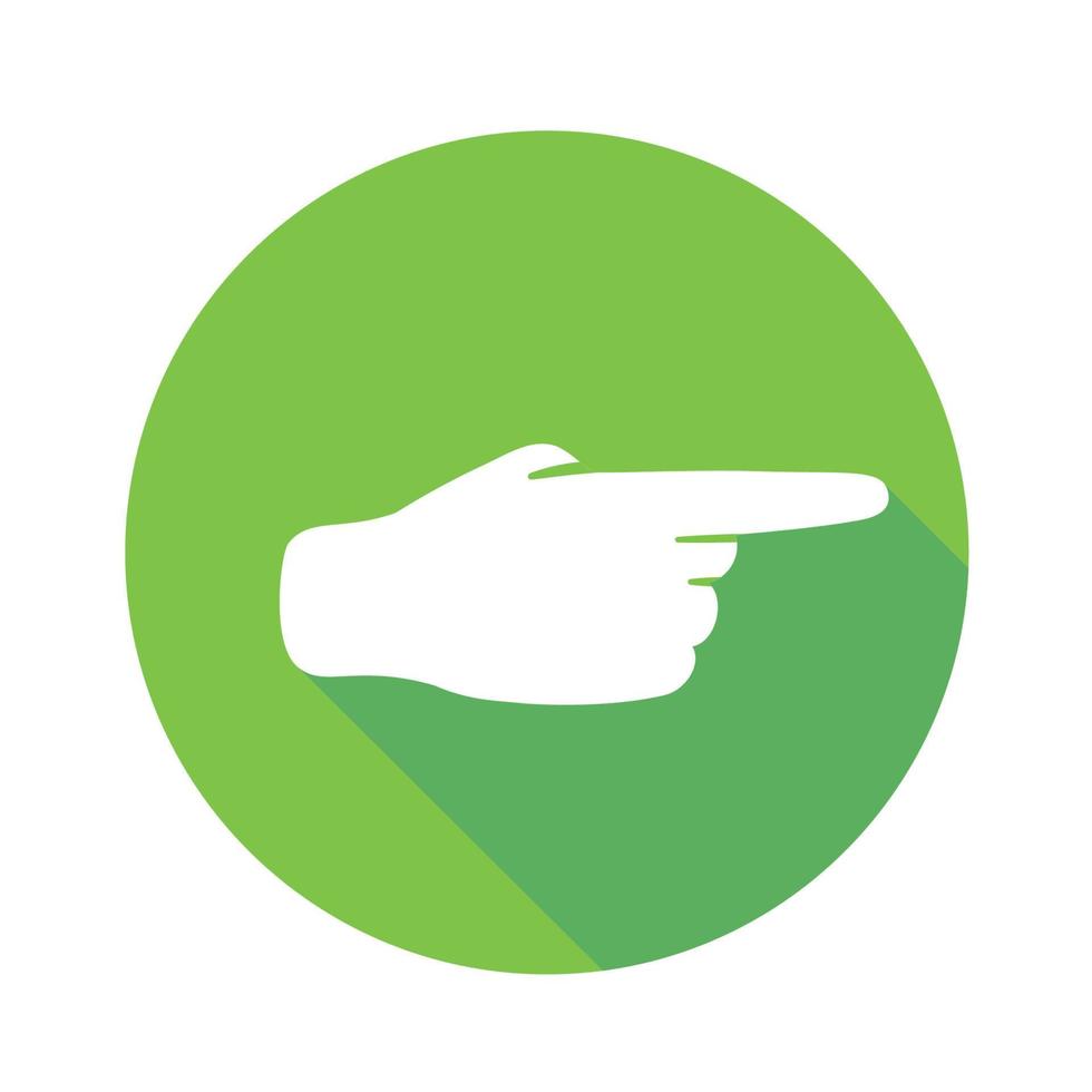 Vector flat icon Right direction. Sign with hand. Communication symbol. White hand with gesture on green round background isolated on white. Web button. Mood sticker. Modern illustration