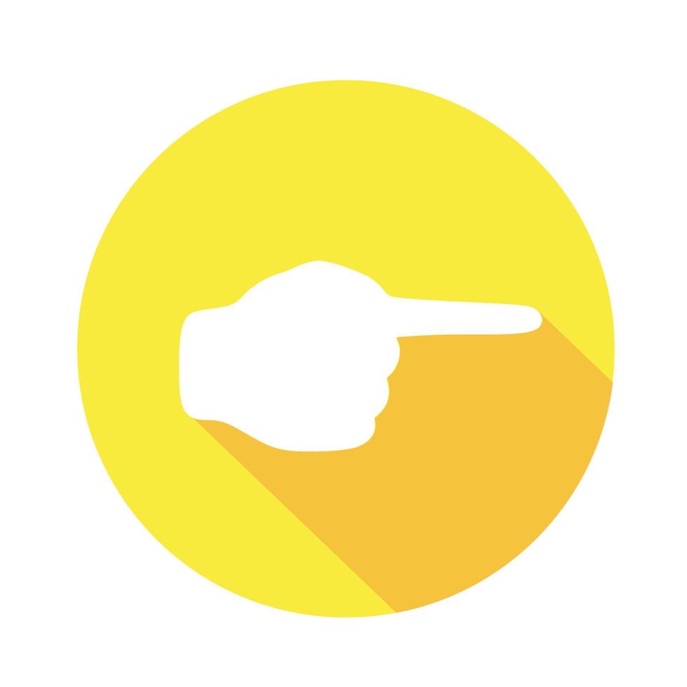 Vector flat icon Right direction. Sign with hand. Communication symbol. White hand with gesture on yellow round background isolated on white. Web button. Mood sticker
