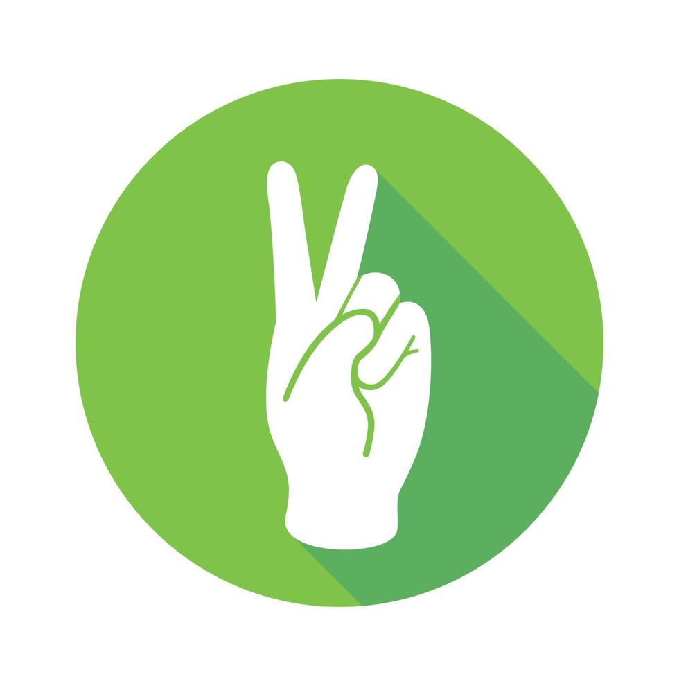 Vector flat icon Victory, Peace. Sign with fingers. Communication symbol. White hand with gesture on green round background isolated on white. Web button. Mood sticker. Modern illustration