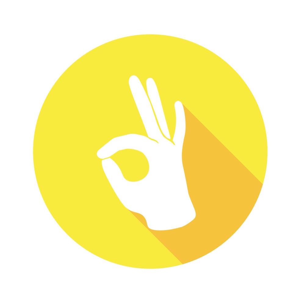 Vector flat icon Ok. Sign with hand. Communication symbol. White hand with gesture on yellow round background isolated on white. Web button. Mood sticker