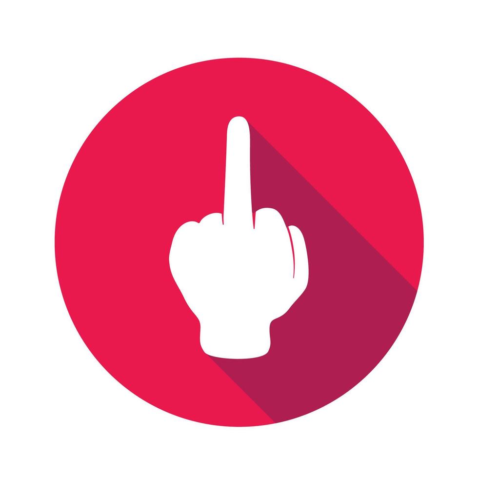 Vector flat icon Middle finger. Sign with hand. Communication symbol. White hand with gesture on red round background isolated on white. Web button. Mood sticker