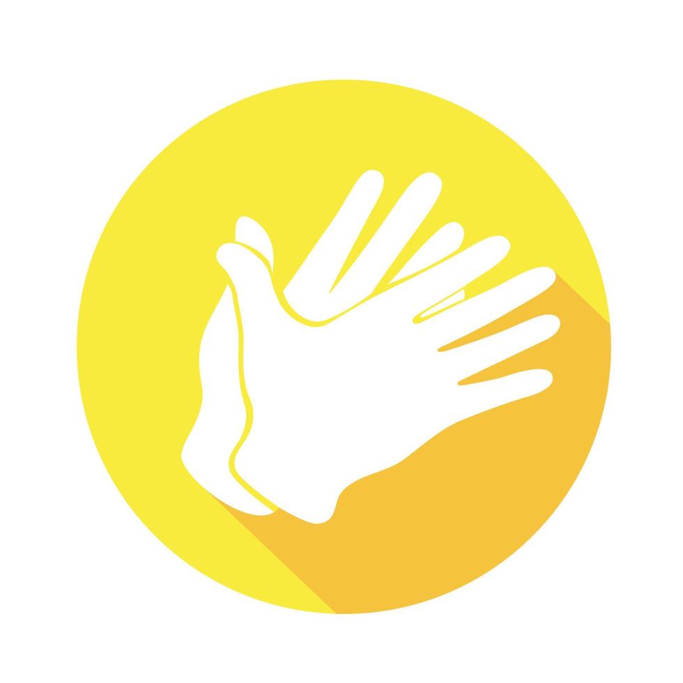 Vector flat icon Applause. Sign with hand. Communication symbol. White hand with gesture on yellow round background isolated on white. Web button. Mood sticker