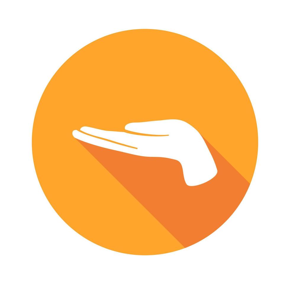 Vector flat icon Supportive hand. Sign with hand. Communication symbol. White hand with gesture on orange round background isolated on white. Web button. Mood sticker