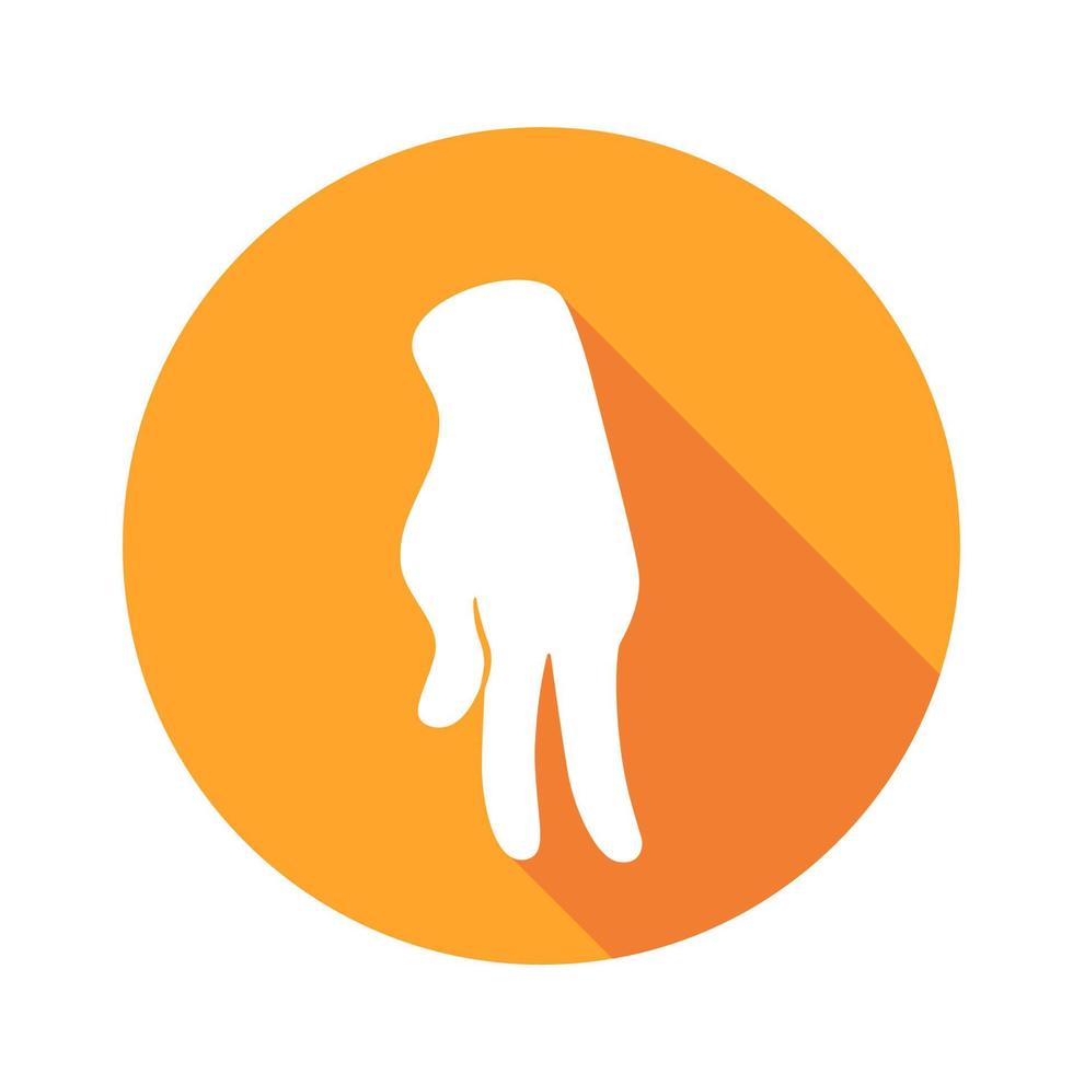 Vector flat icon Dancing arm. Sign with hand. Communication symbol. White hand with gesture on orange round background isolated on white. Web button. Mood sticker