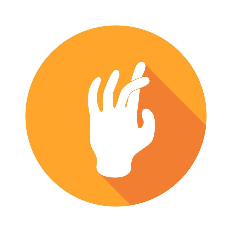 Vector flat icon Hand. Sign with hand. Communication symbol. White hand with gesture on orange round background isolated on white. Web button. Mood sticker