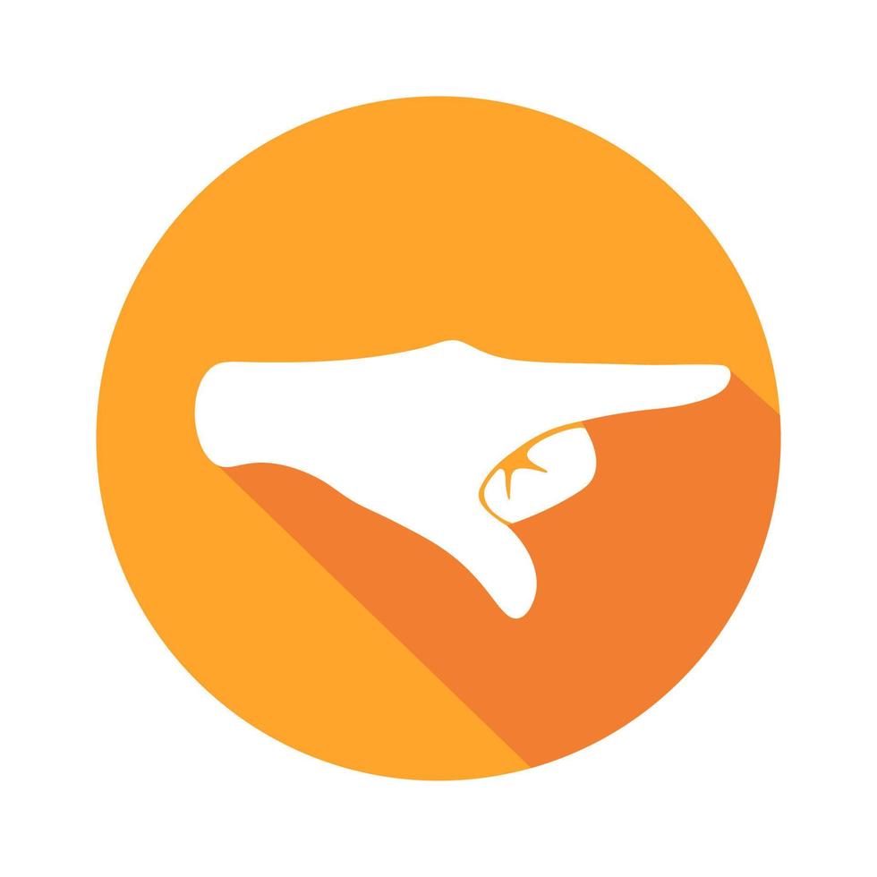 Vector flat icon Right pointer. Sign with hand. Communication symbol. White hand with gesture on orange round background isolated on white. Web button. Mood sticker