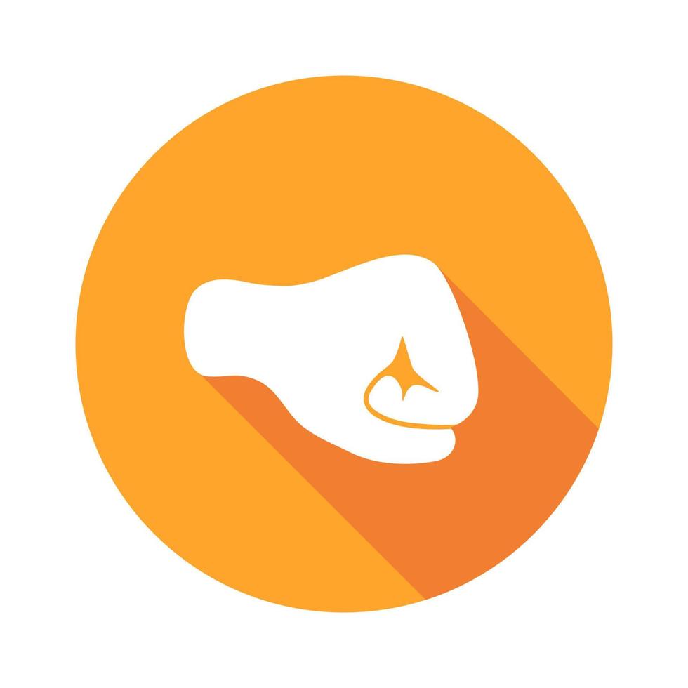 Puño de icono plano vectorial. firmar con la mano. símbolo de comunicación. mano blanca con gesto sobre fondo redondo naranja aislado en blanco. botón web. etiqueta engomada del estado de ánimo vector