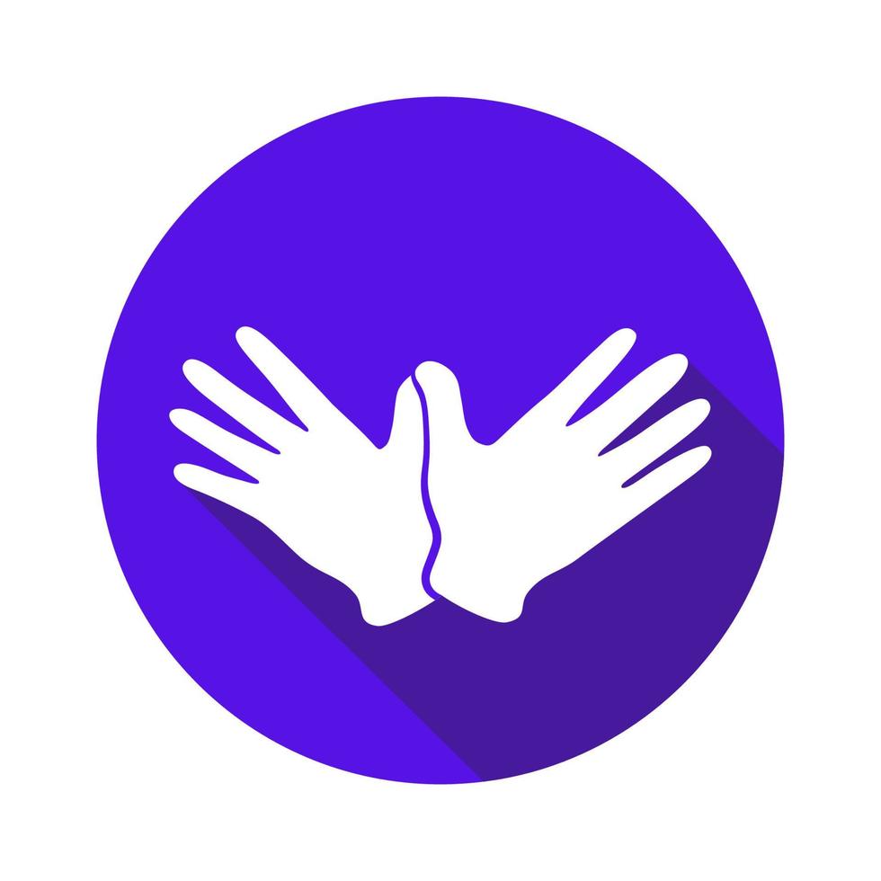 Vector flat icon. Peace pigeon. Sign with hand. Communication symbol. White hand with gesture on blue round background isolated on white. Web button. Mood sticker