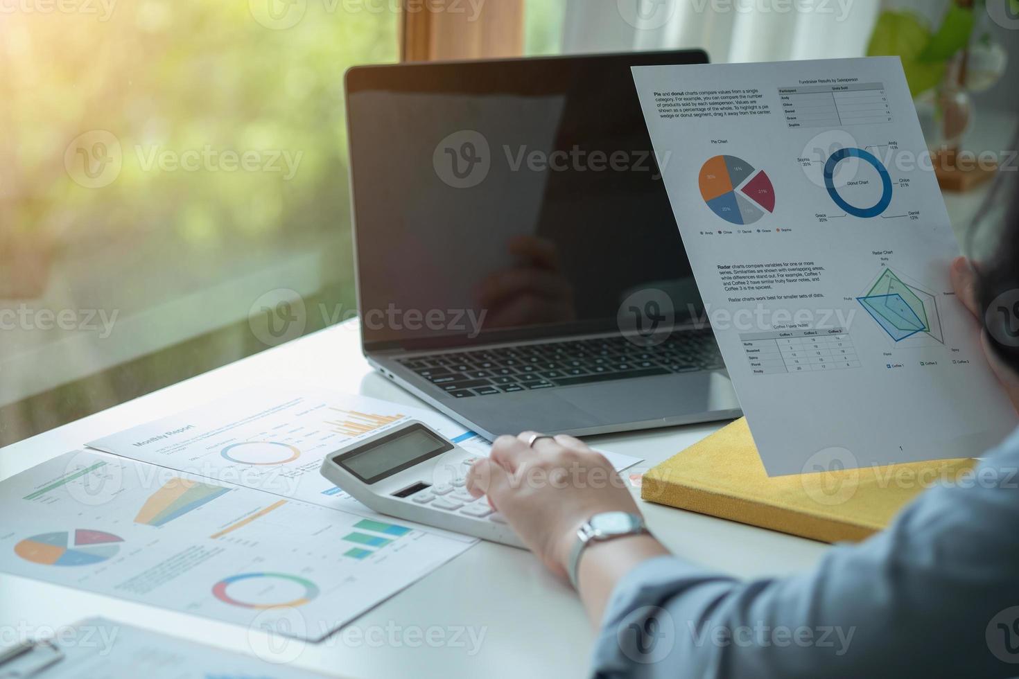 Portrait of a female accountant using a calculator and laptop to calculate balance using graphs for customers. photo