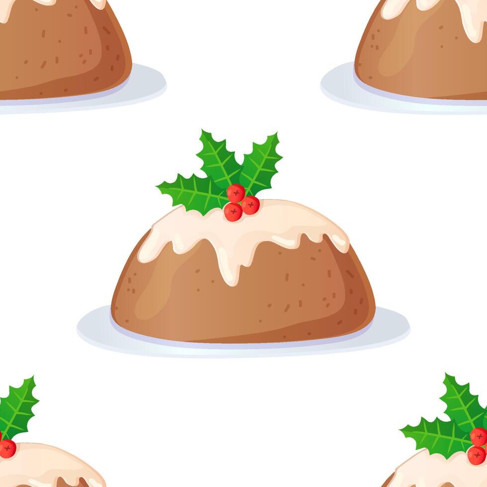 Traditional english christmas pudding seamless pattern with icing and holly vector