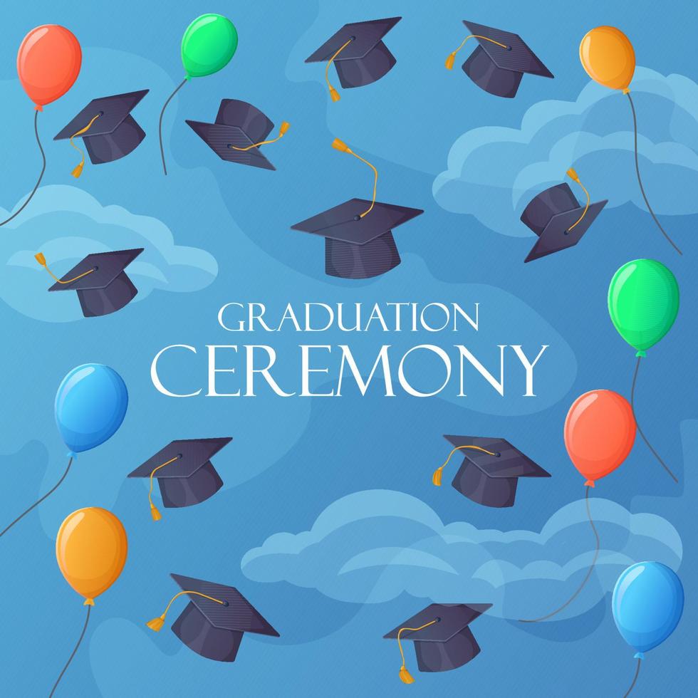 Graduation party invitation 2022 funny card. Sky with balloons square banner. vector