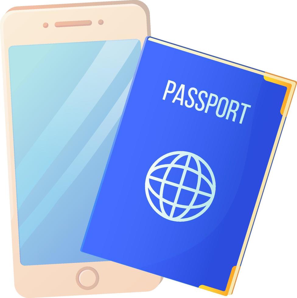 Smartphone with pasport. Online booking concept. Stock vector illustration isolated on white background.