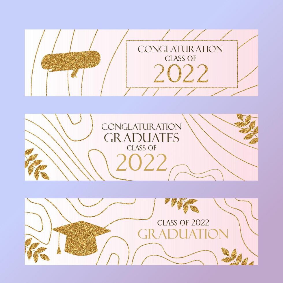 White with gold glitter Graduation party invitation 2022 elegant banners set. Vector illustration