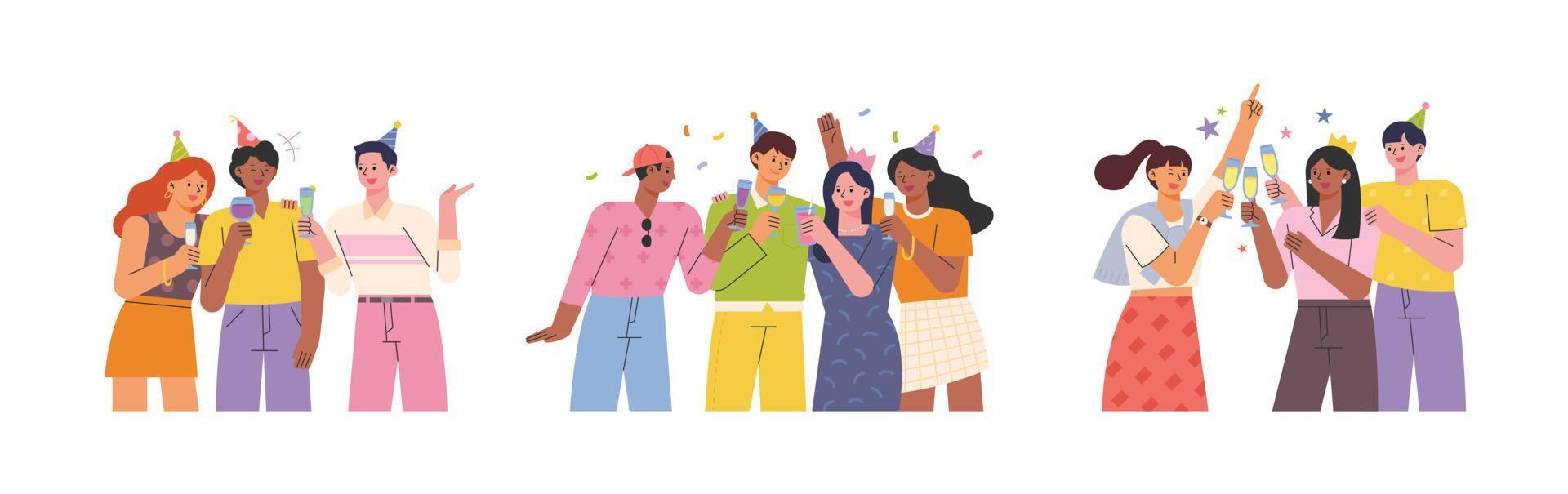 Group of friends wearing cone hats and having a birthday party. flat design style vector illustration.