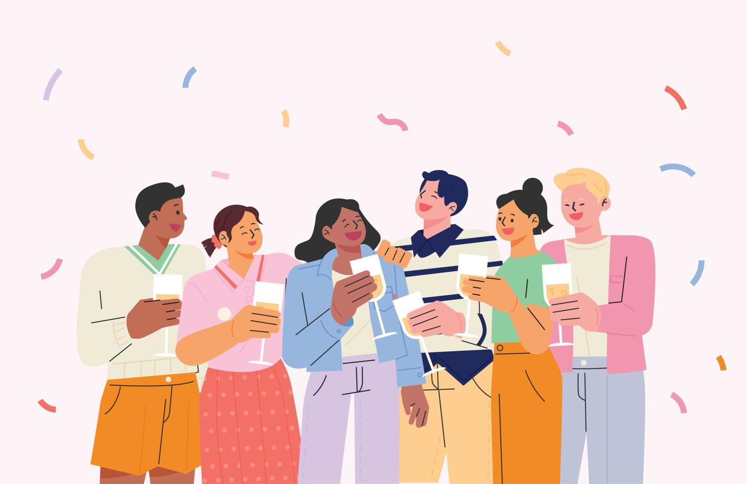 People holding champagne and having fun standing together. flat design style vector illustration.