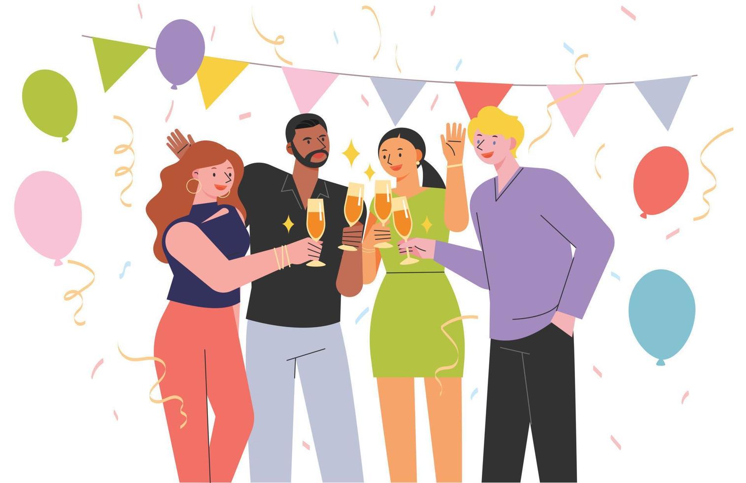 Four friends are toasting a party with champagne. Balloons, confetti, and garlands are decorated. flat design style vector illustration.