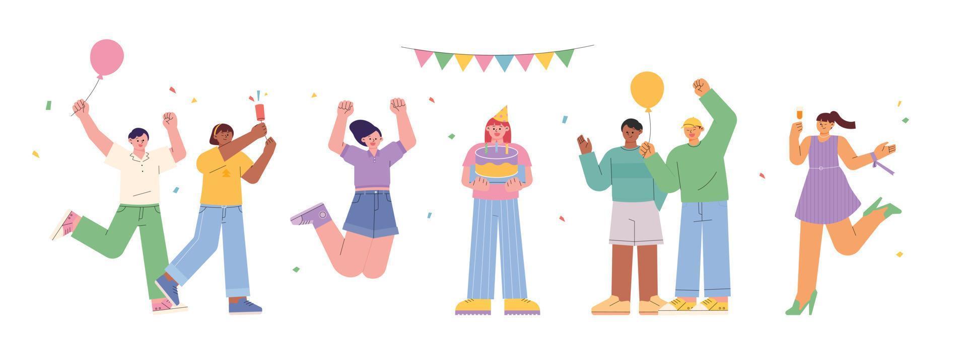 fiesta de cumpleaños. el protagonista del cumpleaños sostiene un pastel y los amigos están celebrando. ilustración vectorial de estilo de diseño plano. vector