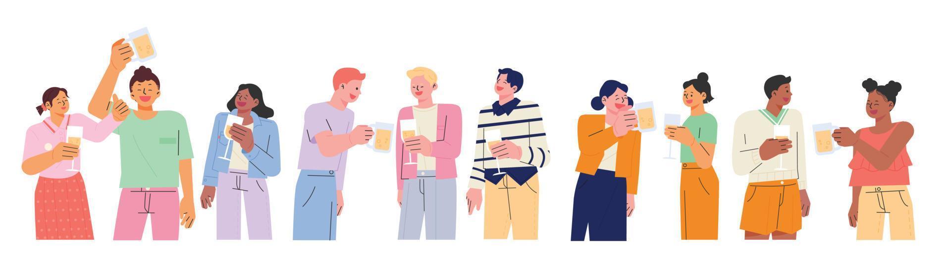 gente de pie en una fila con cerveza y champán y hablando. ilustración vectorial de estilo de diseño plano. vector