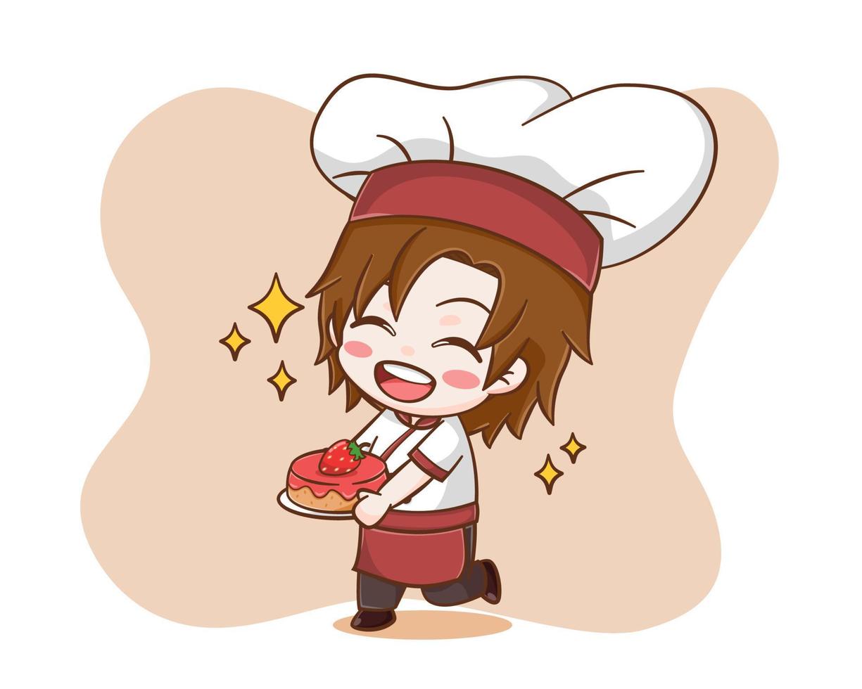 Cute chef boy bringing strawberry cake cartoon illustration vector