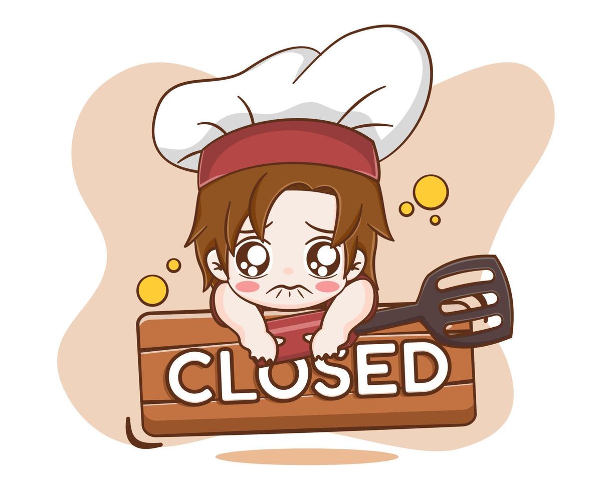 Cute chef boy with a closed sign board cartoon illustration vector