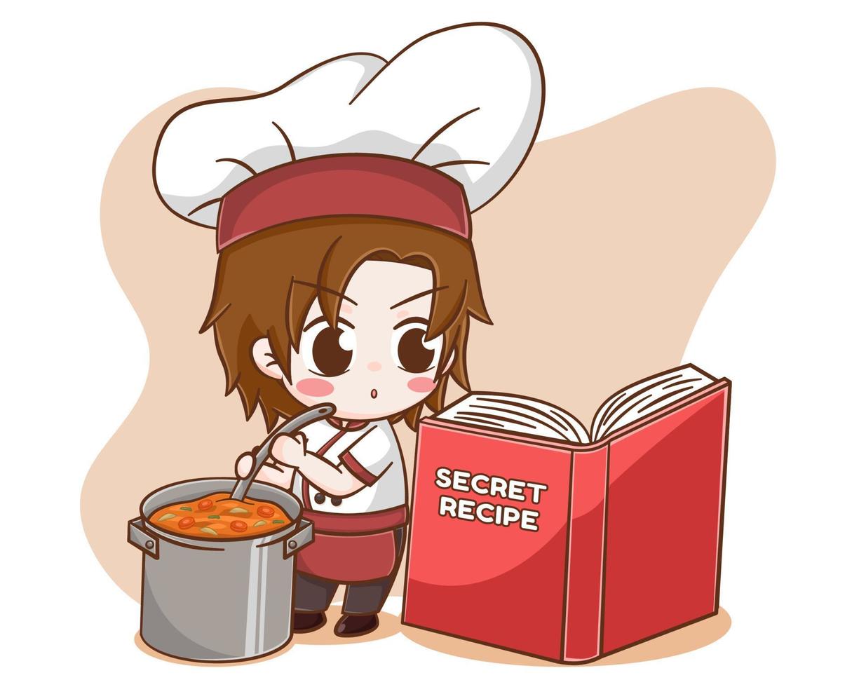 Cute chef boy cooking with secret recipe book cartoon illustration vector