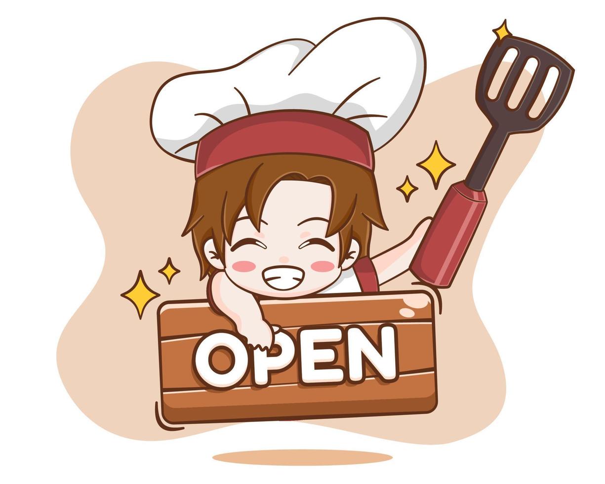 Cute chef boy with an open sign board cartoon illustration vector