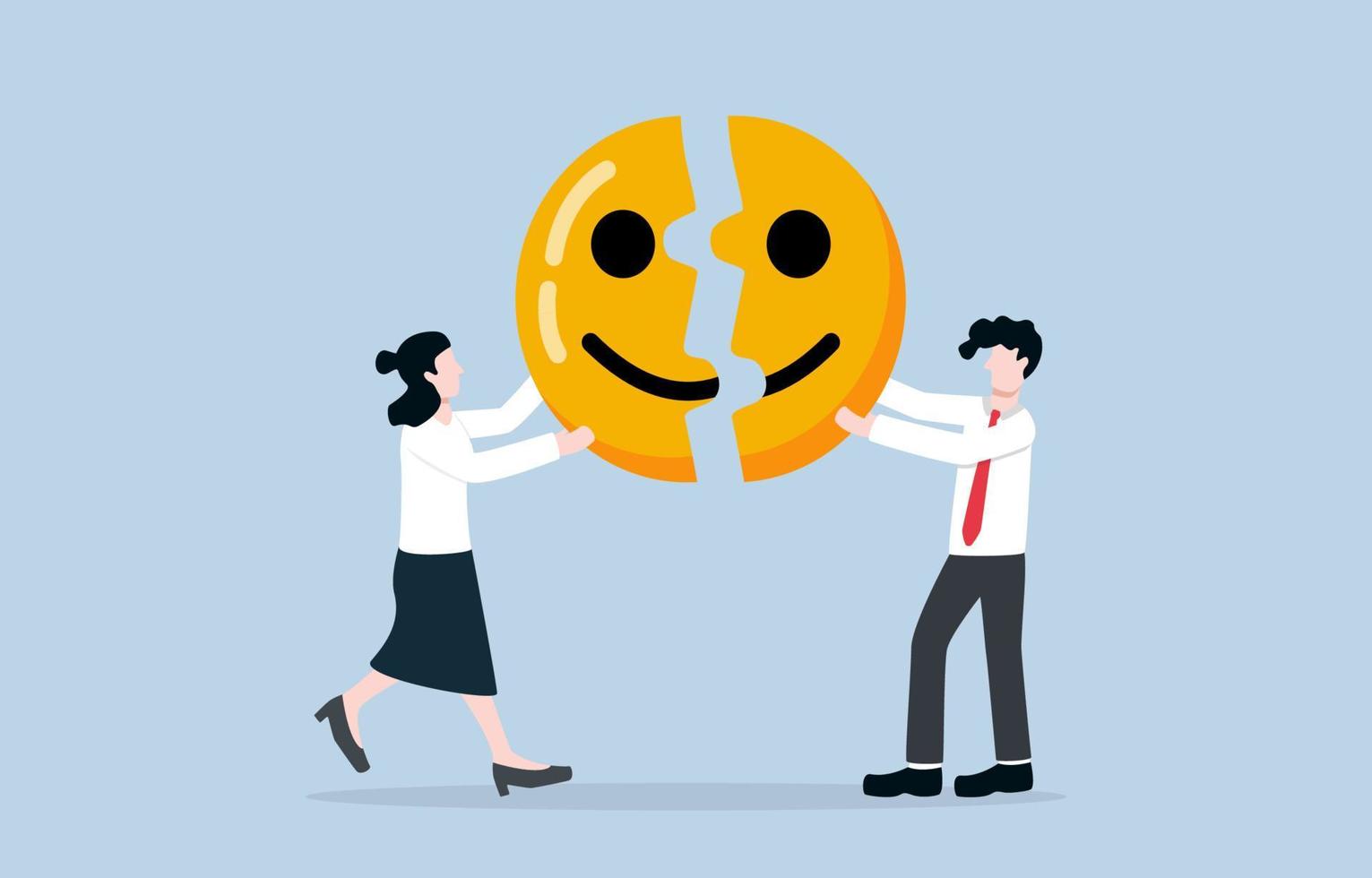 crear un ambiente positivo en el trabajo para mejorar el rendimiento del trabajo en equipo. traer felicidad al equipo para aliviar el estrés del concepto de trabajo duro. los empleados se ayudan mutuamente a armar rompecabezas de caritas sonrientes. vector