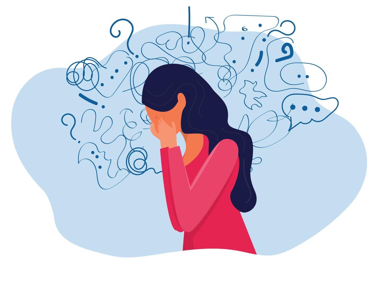 woman suffers from obsessive thoughts headache unresolved issues psychological trauma depression.Mental stress panic mind disorder illustration Flat vector illustration.