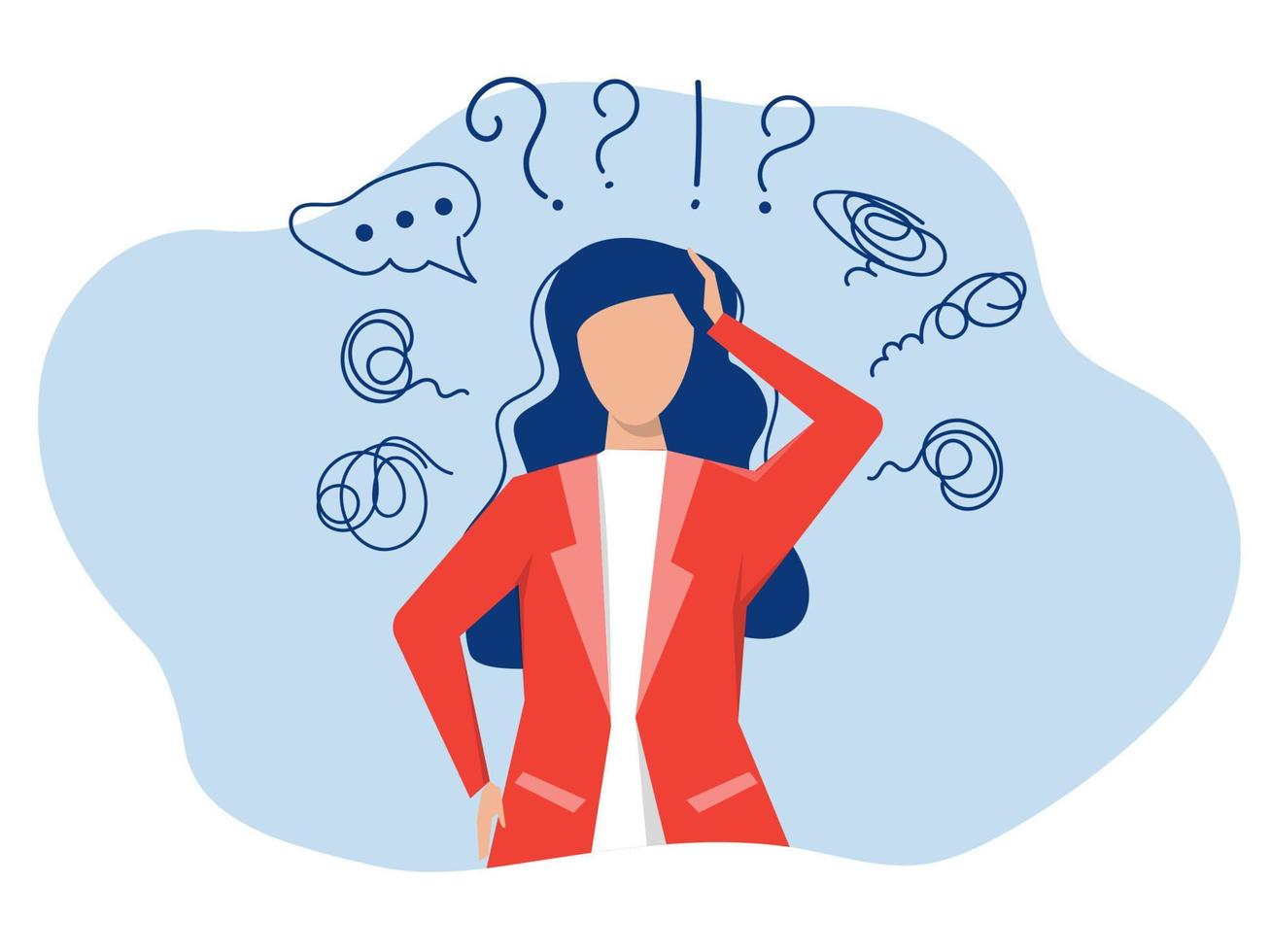 woman suffers from obsessive thought headache unresolved issues psychological trauma depression.Mental stress panic mind disorder illustration Flat vector illustration.