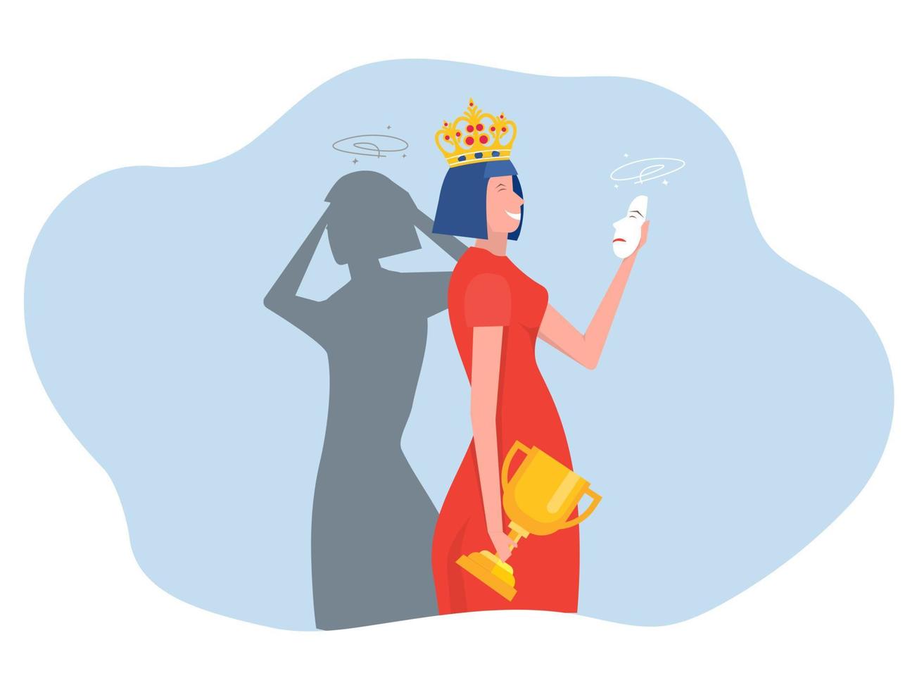 Imposter syndrome Woman queen take award  with shadow  Anxiety and lack of self confidence at work,the person fakes is someone else concept vector
