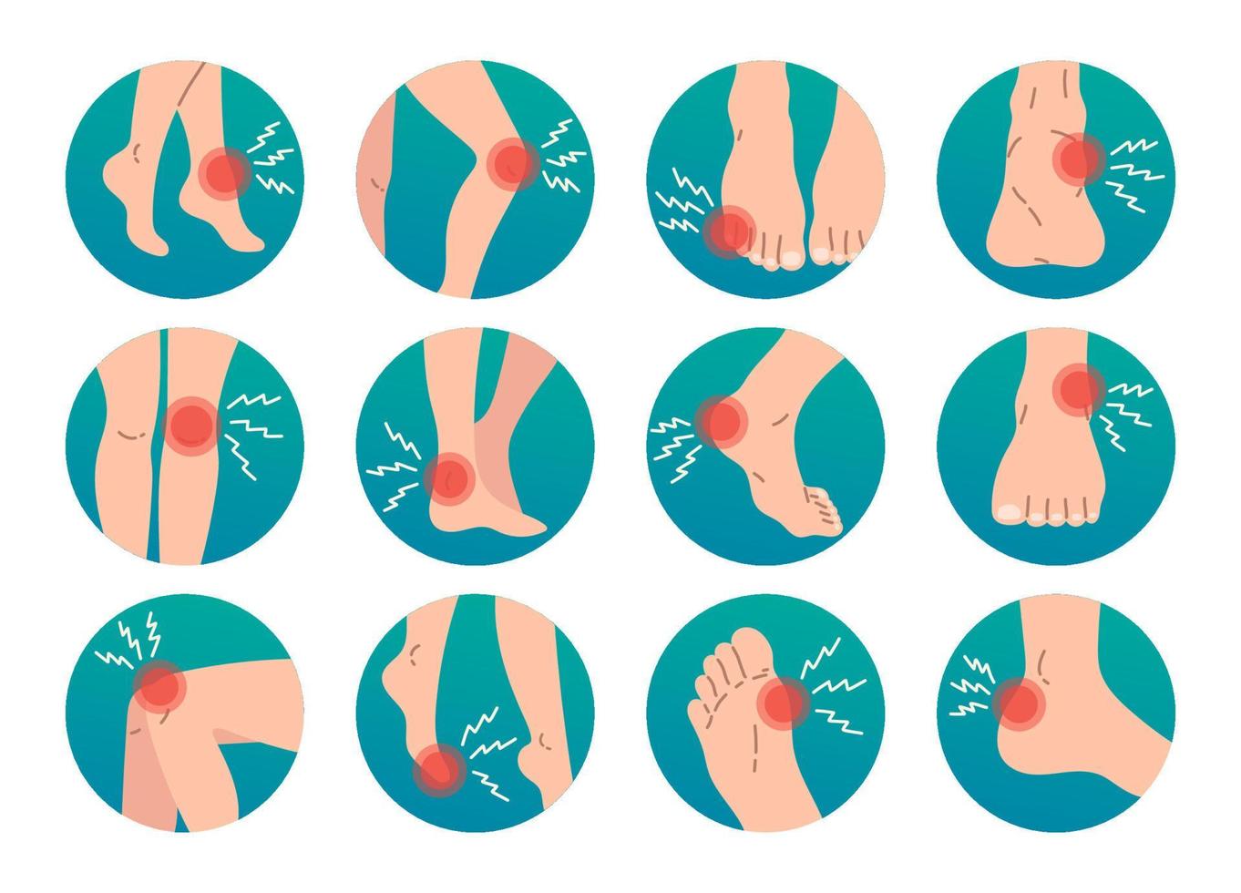 Leg pain and injury vector icon set in circle frame design