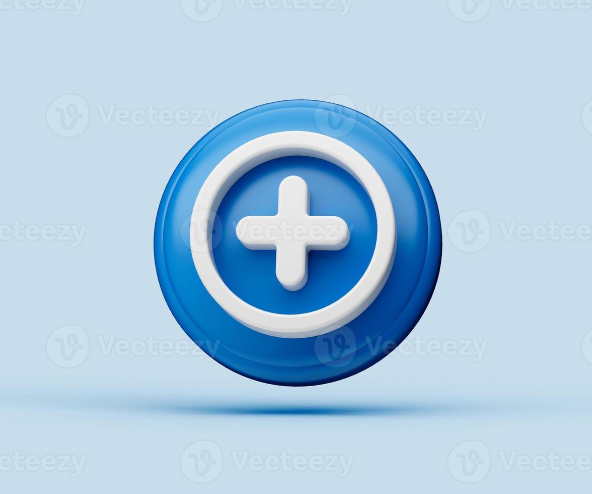 Ilustración brillante 3d de adición o más símbolo o icono aislado sobre fondo azul con sombra foto
