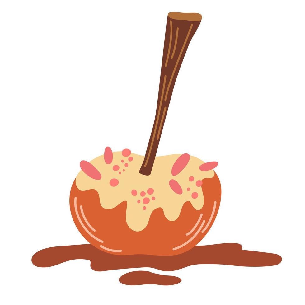 Caramel apple. Autumn and winter dessert. Candy apple coated by sweet caramel. Vector illustration flat icon isolated on white.