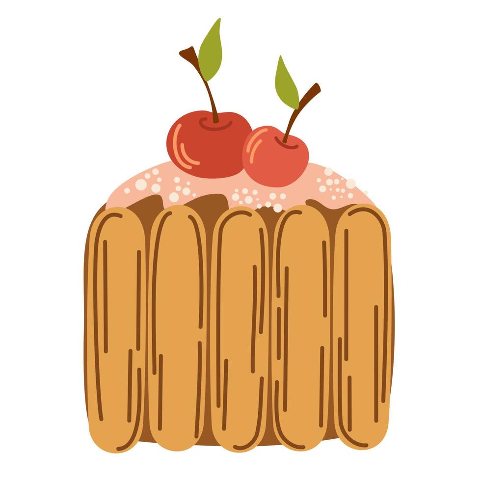 pastel de cerezas. postre dulce con galletas, caramelo y bayas. postre de otoño e invierno. vector mano dibujar ilustración icono plano aislado en blanco.