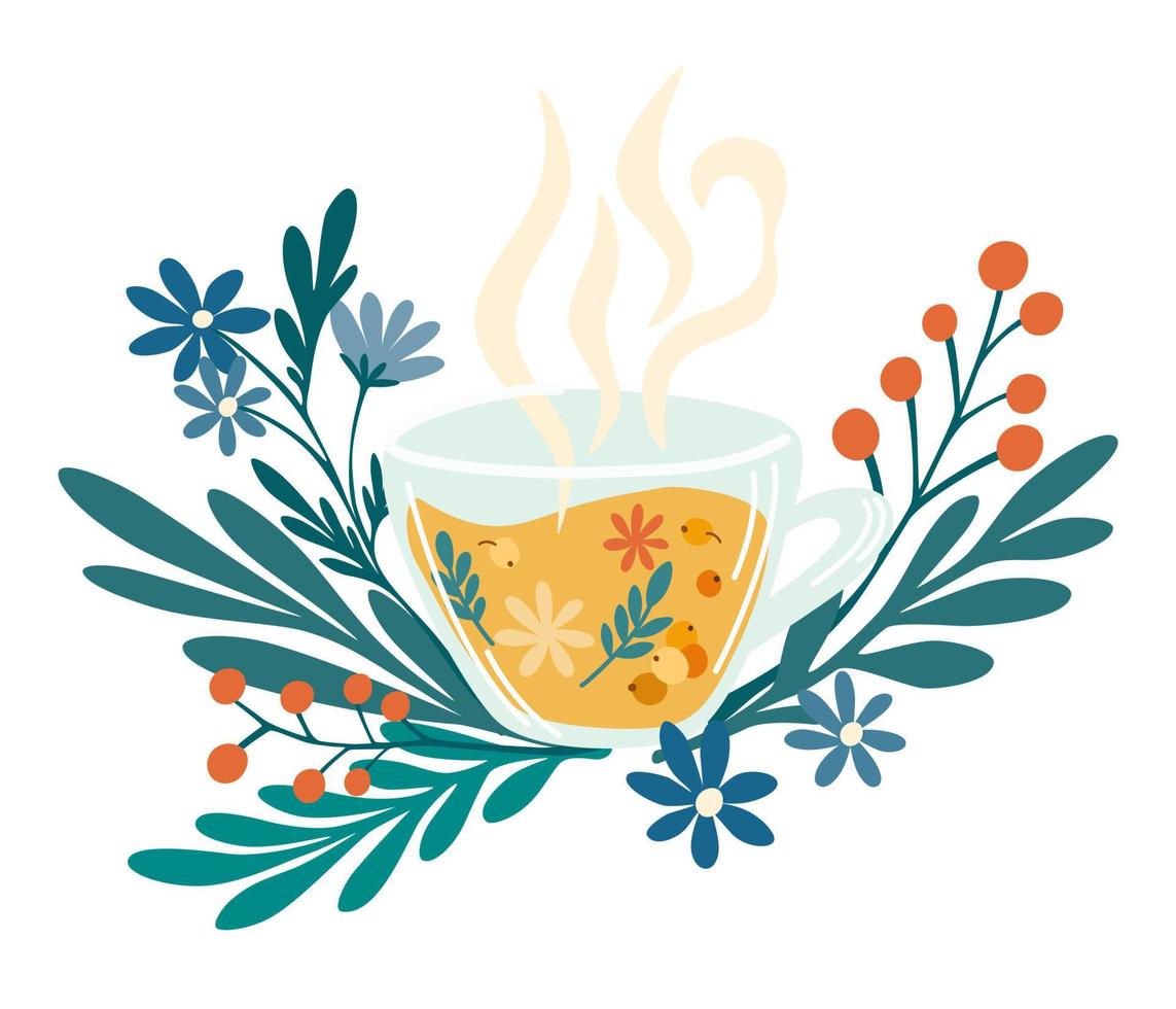 té de hierbas. taza con bayas de té y hojas. bebida natural caliente para la salud. farmacéutico del cartel de bienestar natural, orgánico, té de hierbas, flores silvestres y hierbas. ilustración de dibujos animados plano vectorial vector