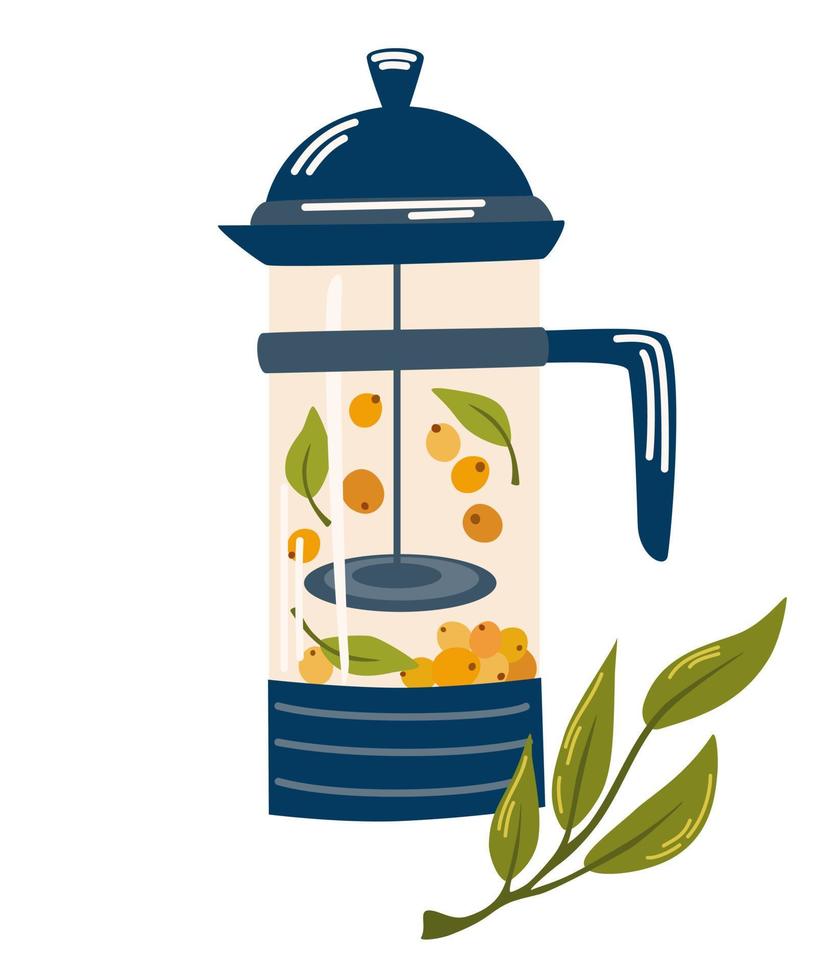 té con espino amarillo. taza con bayas de té y hojas. bebida natural caliente para la salud. farmacéutico del cartel de bienestar natural, orgánico, té de hierbas, flores silvestres y hierbas. ilustración de dibujos animados de vectores