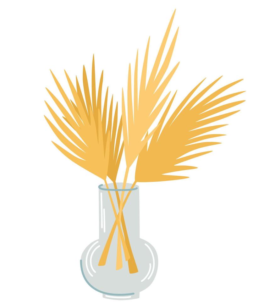 Vase with dried flowers. Pampas grass in vase. Dried floral ornament elements in boho style. New trendy home decor. Stylish minimal design concept. Vector illustration isolated on white background.