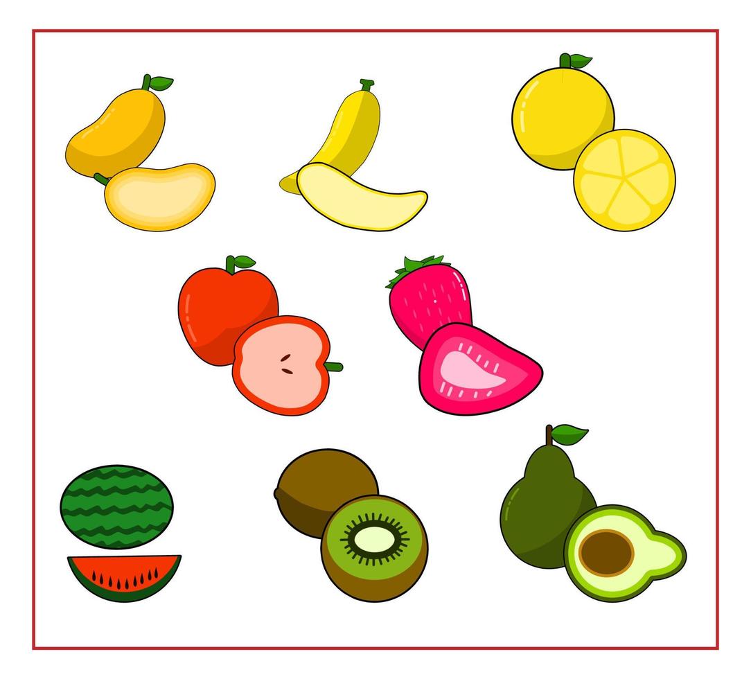 conjunto de objetos de frutas y trozos de fruta vector