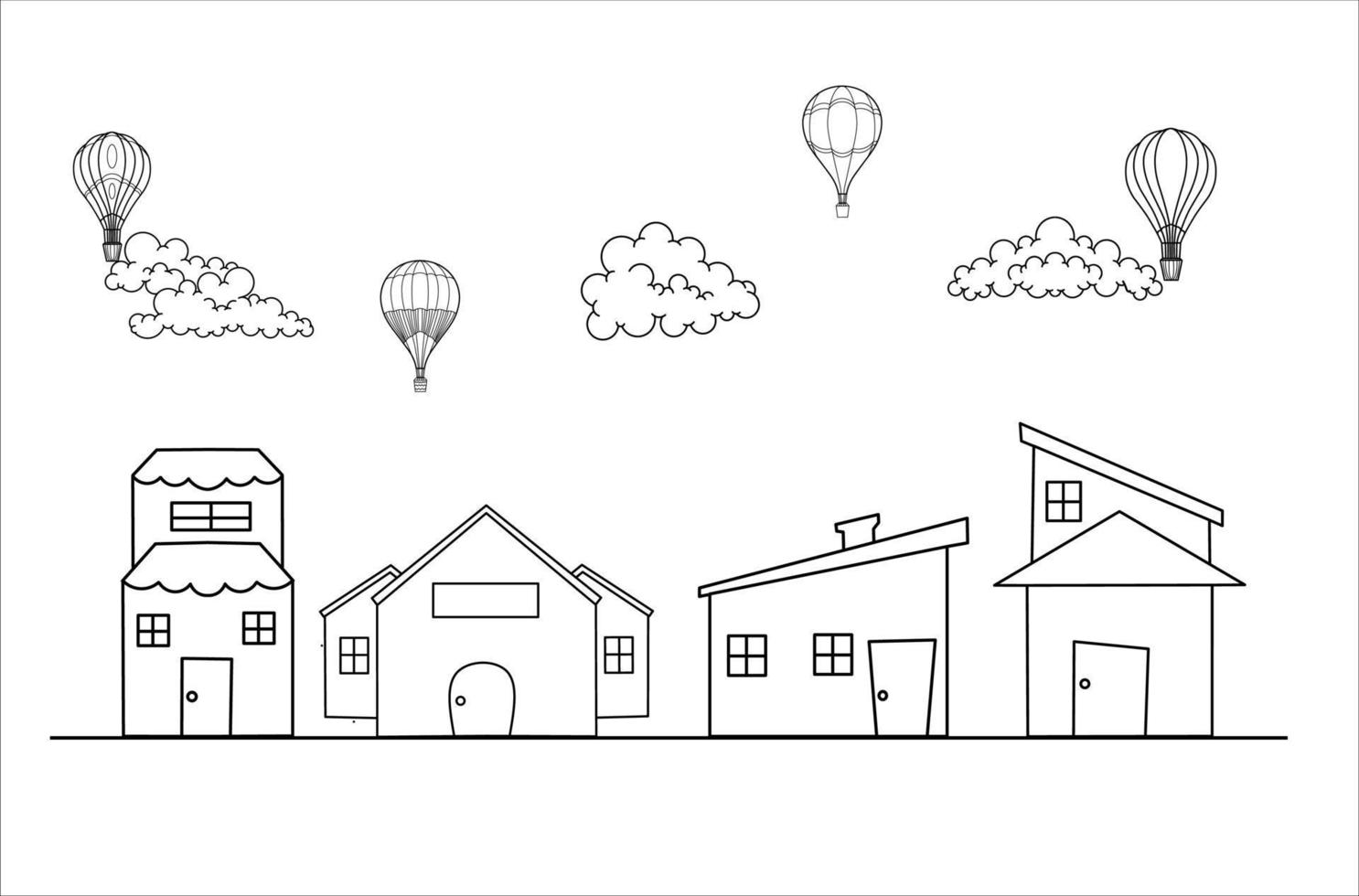 Air Ballon, House, And Cloud Line Art Isolated White Background vector