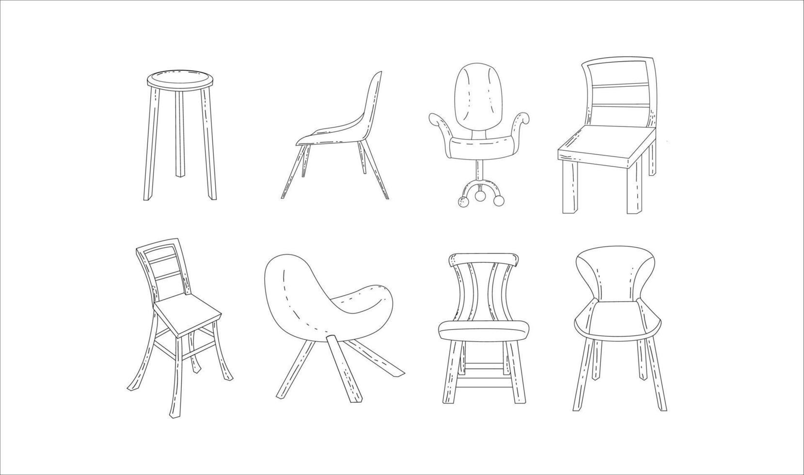 Set of Chair Funiture Black and White Isolated on White Background Illustrations vector