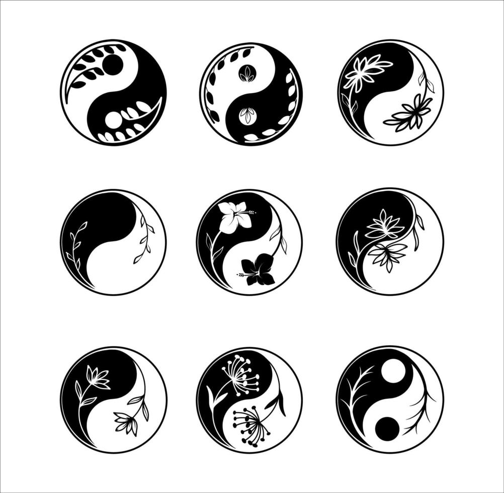 Yin Yang Flower in Silhouette Collection on WHite Background vector