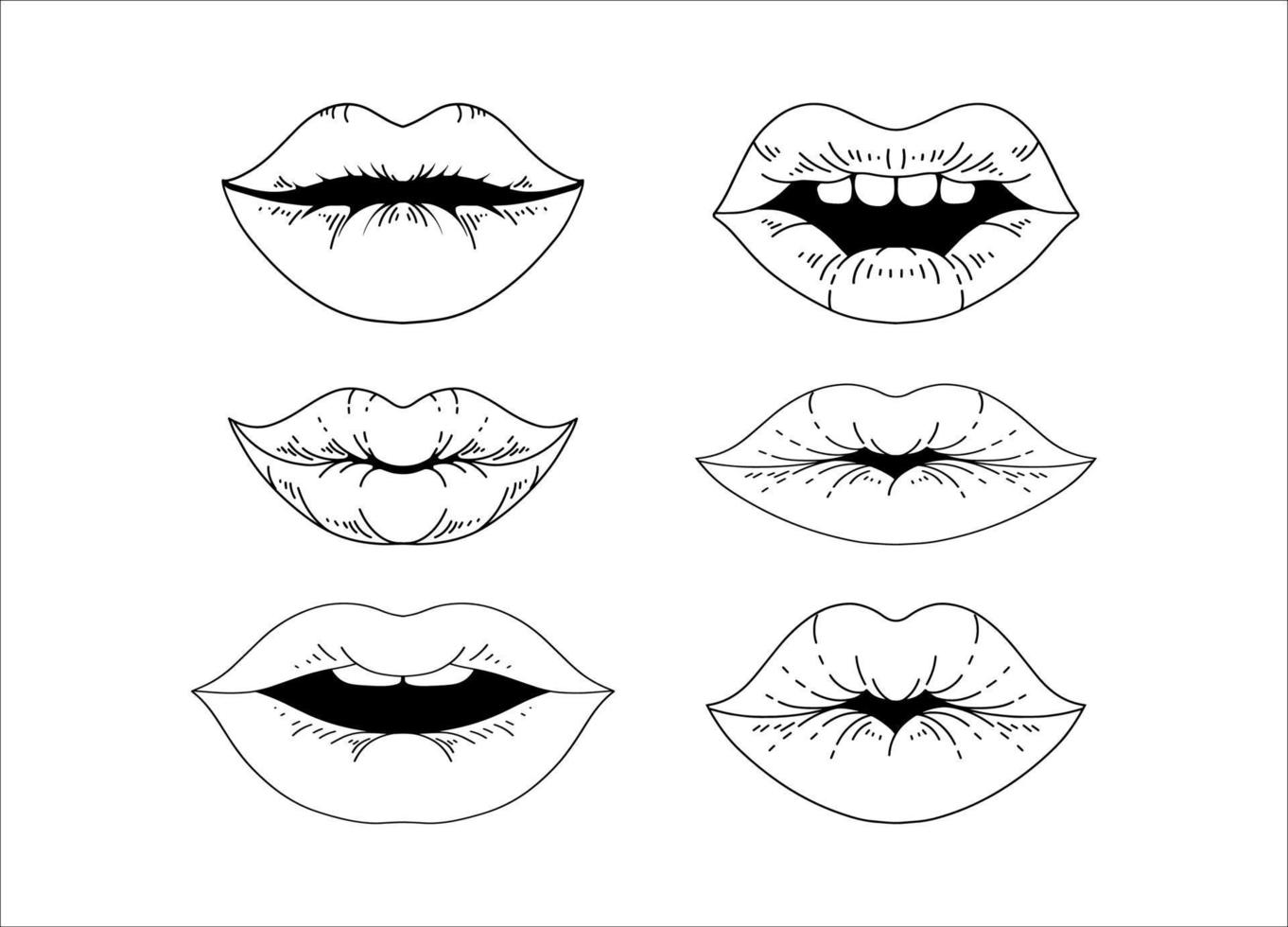 Lips Black and White Illustrations Collection Isolated on White Background vector