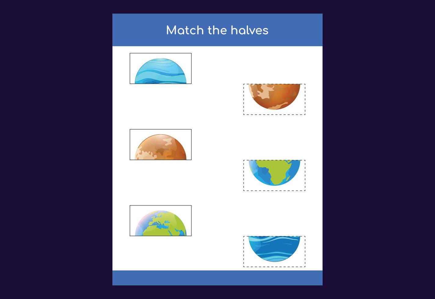 Matching game. Match halves of objects. Educational game for children, printable worksheet vector
