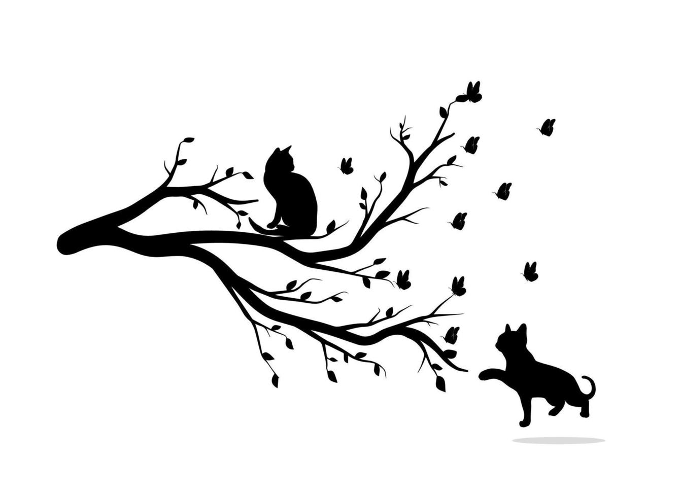 Tree Branch with Cat and Butterfly in Silhoette vector