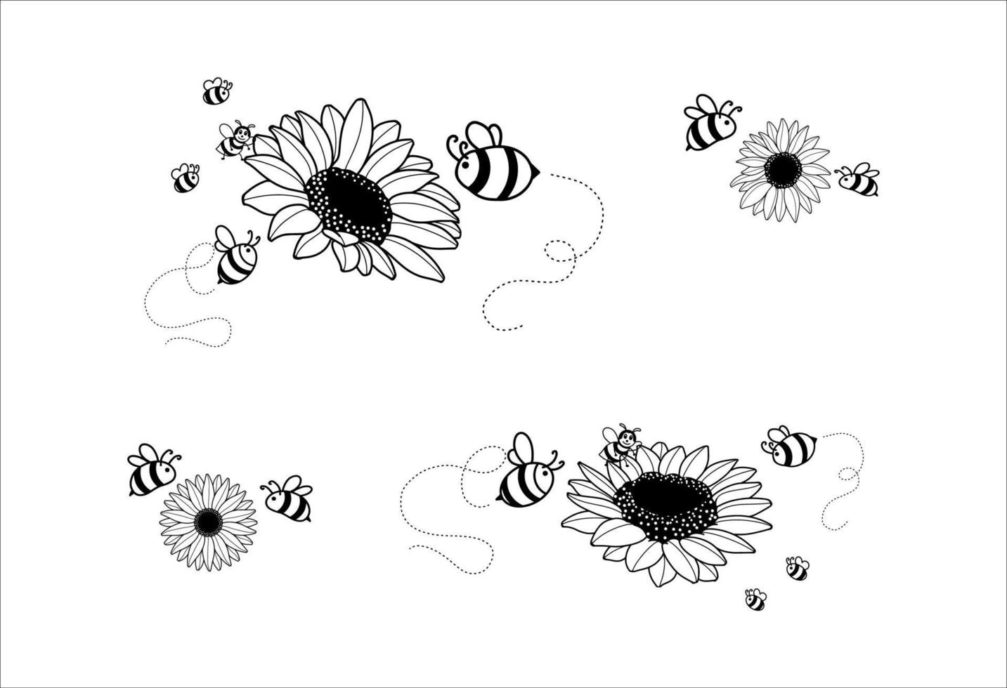 Set of Sunflower with Fly Bee Black and White Isolated on White Background Illustrations vector