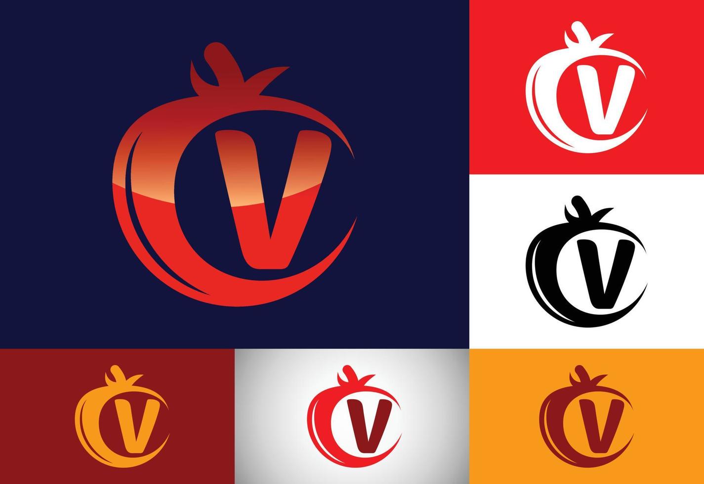 alfabeto de monograma v inicial con tomate. plantilla de diseño de logotipo de tomate. emblema de fuente alimentos orgánicos vector